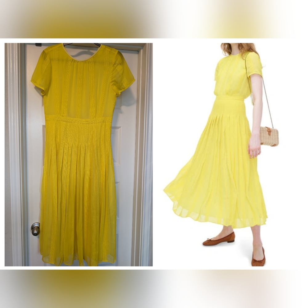 EUC J. Crew Midi Chiffon Embroidered Yellow Kiwi Dress 8
